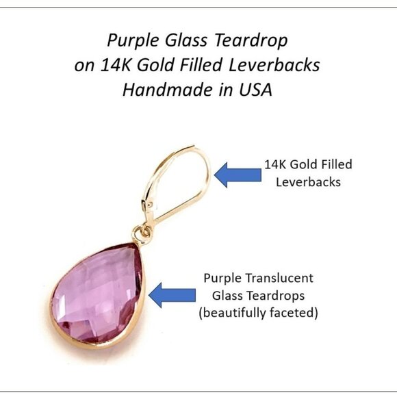 Purple Glass Earrings 14K Gold Filled Leverbacks Womens Jewelry Gifts Handmade - Picture 2 of 2